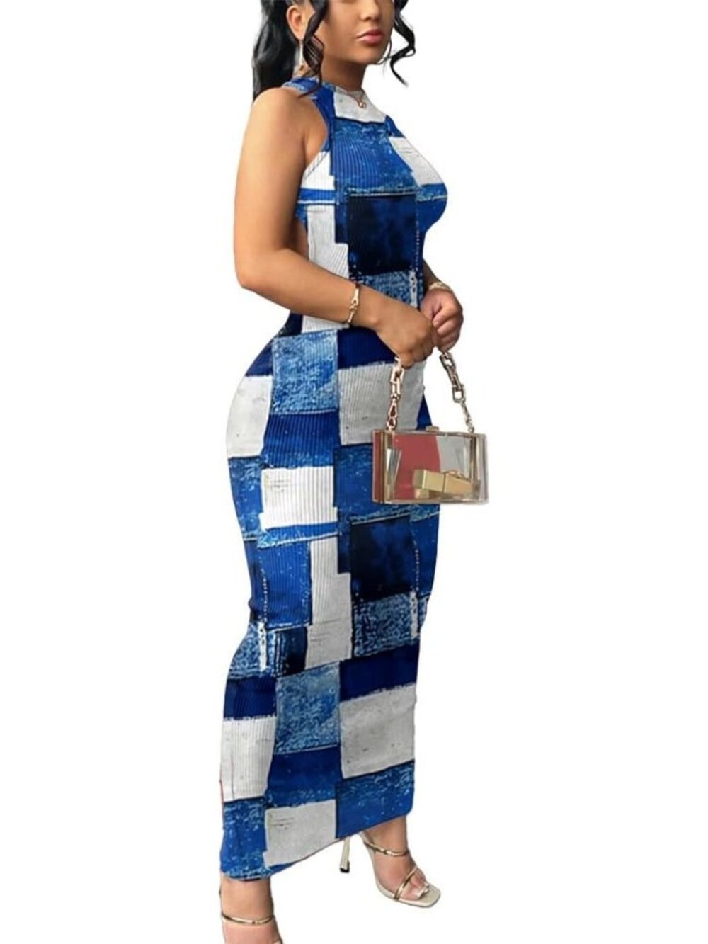 🆕Women's Blue Plaid Summer Body con Maxi Dress sleeveless Casual Long Dresses